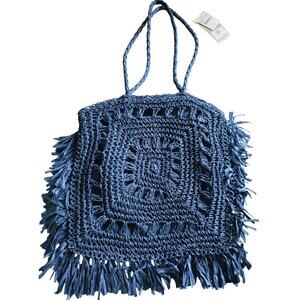 Most Wanted USA Woven Tote Strat Shoulder Bag Navy Blue Purse Bohemian